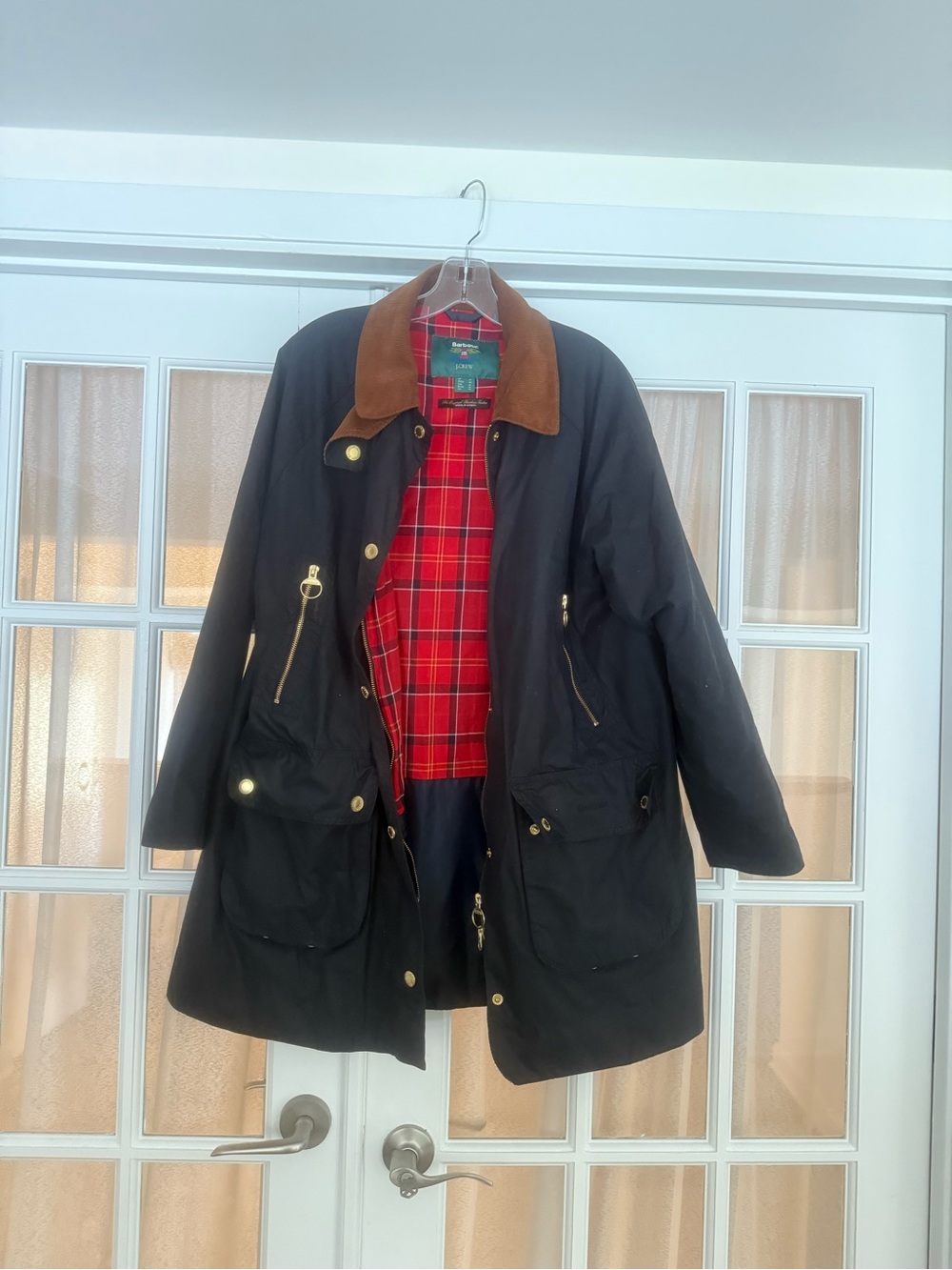 Barbour Navy Waxed Cotton Jacket with Brown Corduroy Collar